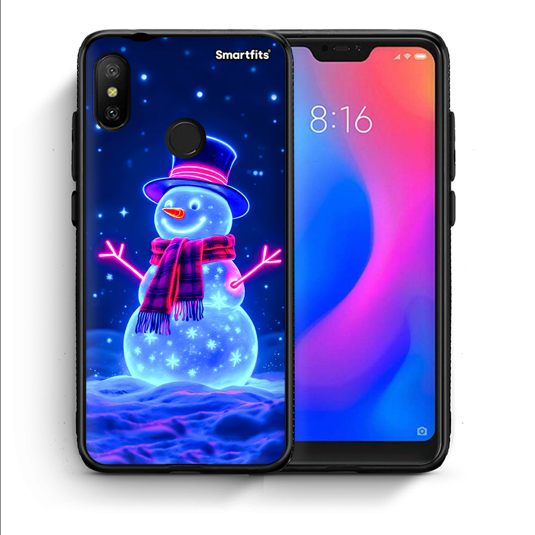 Θήκη Xiaomi Mi A2 Lite Christmas Neon Snowman από τη Smartfits με σχέδιο στο πίσω μέρος και μαύρο περίβλημα | Xiaomi Mi A2 Lite Christmas Neon Snowman case with colorful back and black bezels