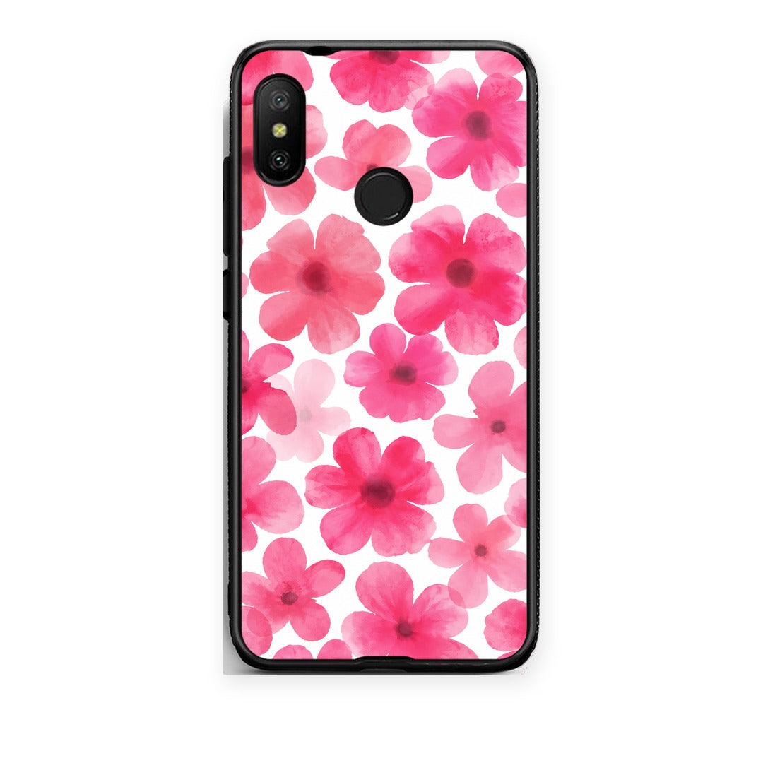 Θήκη Xiaomi Mi A2 Lite Pink Watercolour Flowers on White από τη Smartfits με σχέδιο στο πίσω μέρος και μαύρο περίβλημα | Xiaomi Mi A2 Lite Pink Watercolour Flowers on White case with colorful back and black bezels