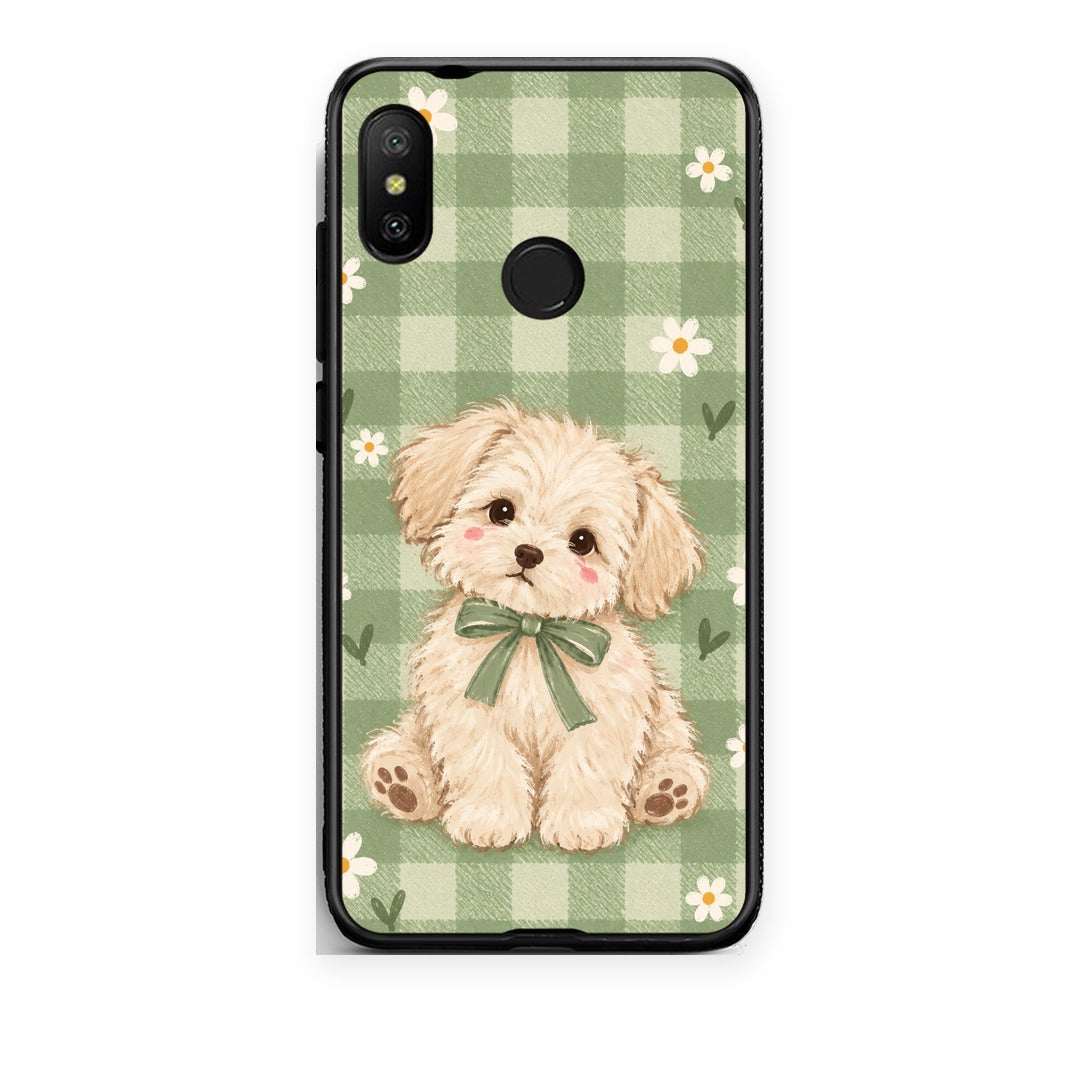 Θήκη Xiaomi Mi A2 Lite Puppy and Daisies on Sage Gingham από τη Smartfits με σχέδιο στο πίσω μέρος και μαύρο περίβλημα | Xiaomi Mi A2 Lite Puppy and Daisies on Sage Gingham case with colorful back and black bezels