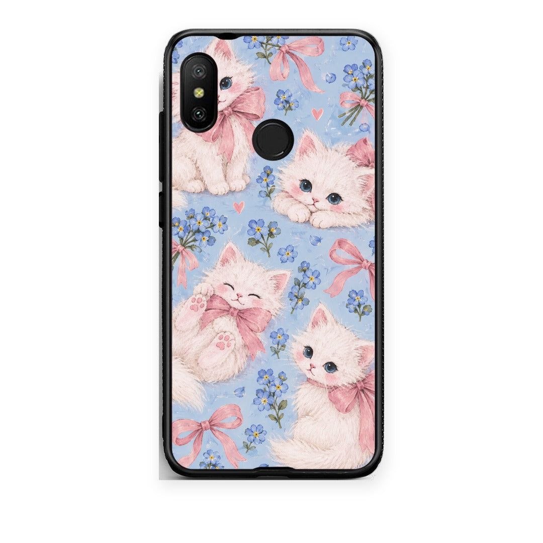 Θήκη Xiaomi Mi A2 Lite White Kittens and Blue Flowers Large από τη Smartfits με σχέδιο στο πίσω μέρος και μαύρο περίβλημα | Xiaomi Mi A2 Lite White Kittens and Blue Flowers Large case with colorful back and black bezels