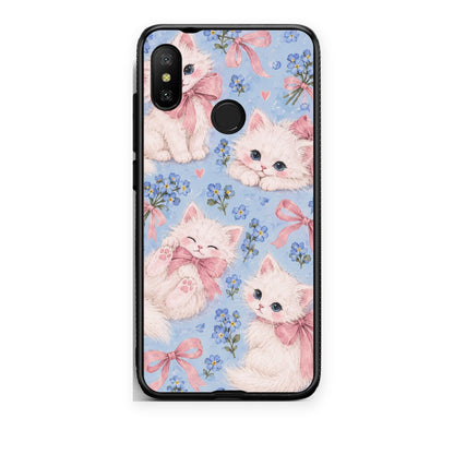 Θήκη Xiaomi Mi A2 Lite White Kittens and Blue Flowers Large από τη Smartfits με σχέδιο στο πίσω μέρος και μαύρο περίβλημα | Xiaomi Mi A2 Lite White Kittens and Blue Flowers Large case with colorful back and black bezels