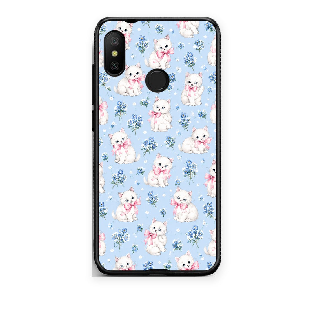 Θήκη Xiaomi Mi A2 Lite White Kittens and Blue Flowers Small από τη Smartfits με σχέδιο στο πίσω μέρος και μαύρο περίβλημα | Xiaomi Mi A2 Lite White Kittens and Blue Flowers Small case with colorful back and black bezels