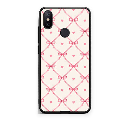 Θήκη Xiaomi Mi A2 Pink Bow Lattice and Hearts on Cream από τη Smartfits με σχέδιο στο πίσω μέρος και μαύρο περίβλημα | Xiaomi Mi A2 Pink Bow Lattice and Hearts on Cream case with colorful back and black bezels
