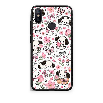 Θήκη Xiaomi Mi A2 Pink Florals Puppies and Bunnies on White από τη Smartfits με σχέδιο στο πίσω μέρος και μαύρο περίβλημα | Xiaomi Mi A2 Pink Florals Puppies and Bunnies on White case with colorful back and black bezels