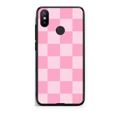 Θήκη Xiaomi Mi A2 Pink and White Striped Checks από τη Smartfits με σχέδιο στο πίσω μέρος και μαύρο περίβλημα | Xiaomi Mi A2 Pink and White Striped Checks case with colorful back and black bezels