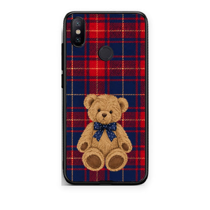 Θήκη Xiaomi Mi A2 Teddy Bear on Red and Navy Tartan από τη Smartfits με σχέδιο στο πίσω μέρος και μαύρο περίβλημα | Xiaomi Mi A2 Teddy Bear on Red and Navy Tartan case with colorful back and black bezels
