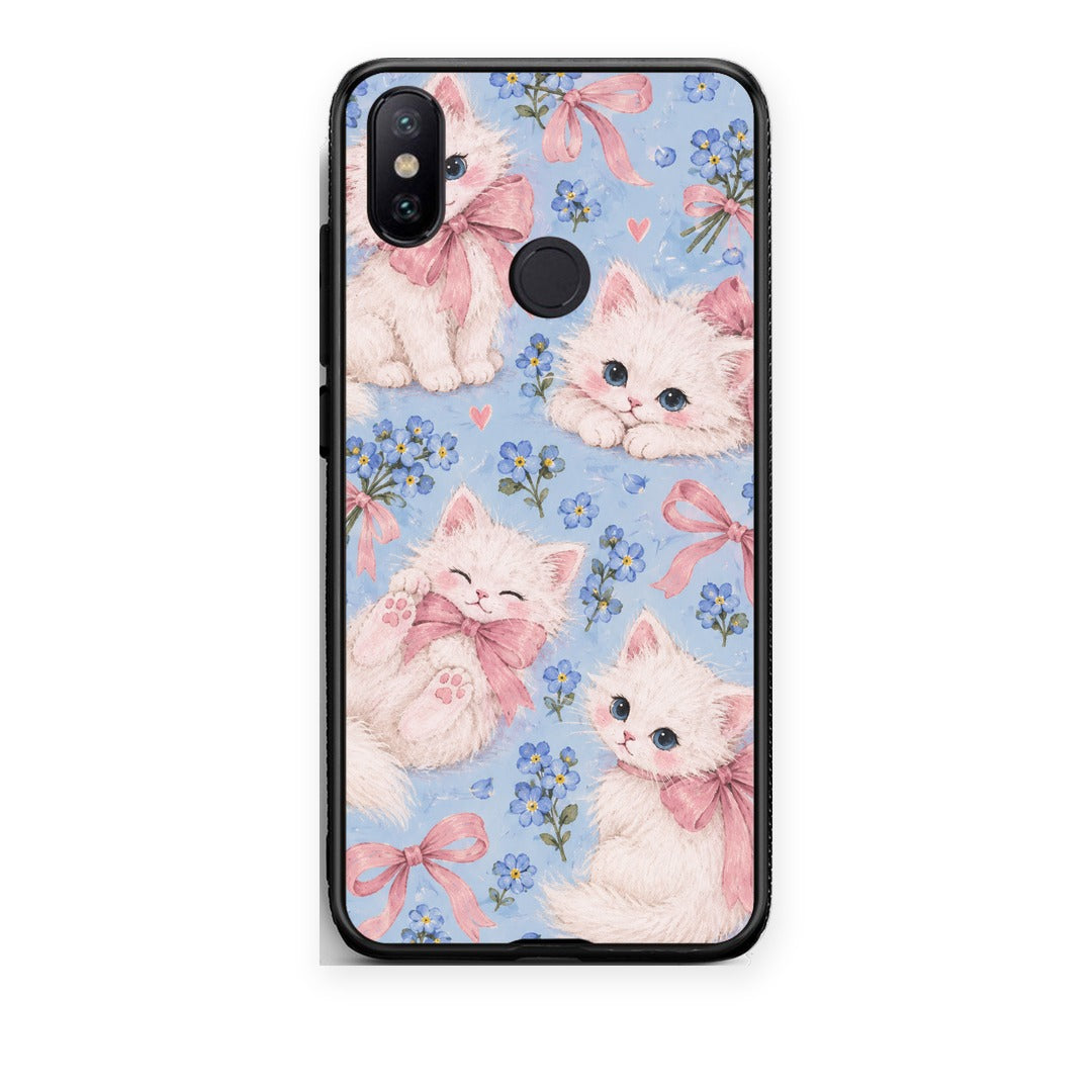 Θήκη Xiaomi Mi A2 White Kittens and Blue Flowers Large από τη Smartfits με σχέδιο στο πίσω μέρος και μαύρο περίβλημα | Xiaomi Mi A2 White Kittens and Blue Flowers Large case with colorful back and black bezels