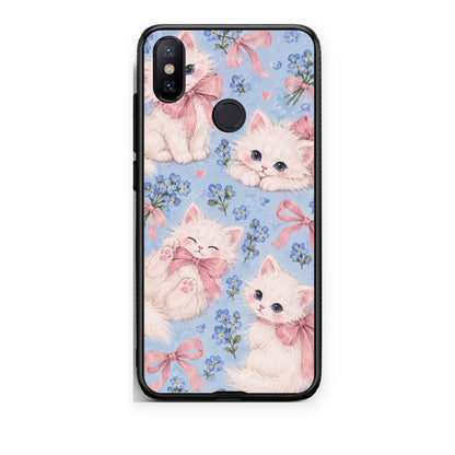 Θήκη Xiaomi Mi A2 White Kittens and Blue Flowers Large από τη Smartfits με σχέδιο στο πίσω μέρος και μαύρο περίβλημα | Xiaomi Mi A2 White Kittens and Blue Flowers Large case with colorful back and black bezels