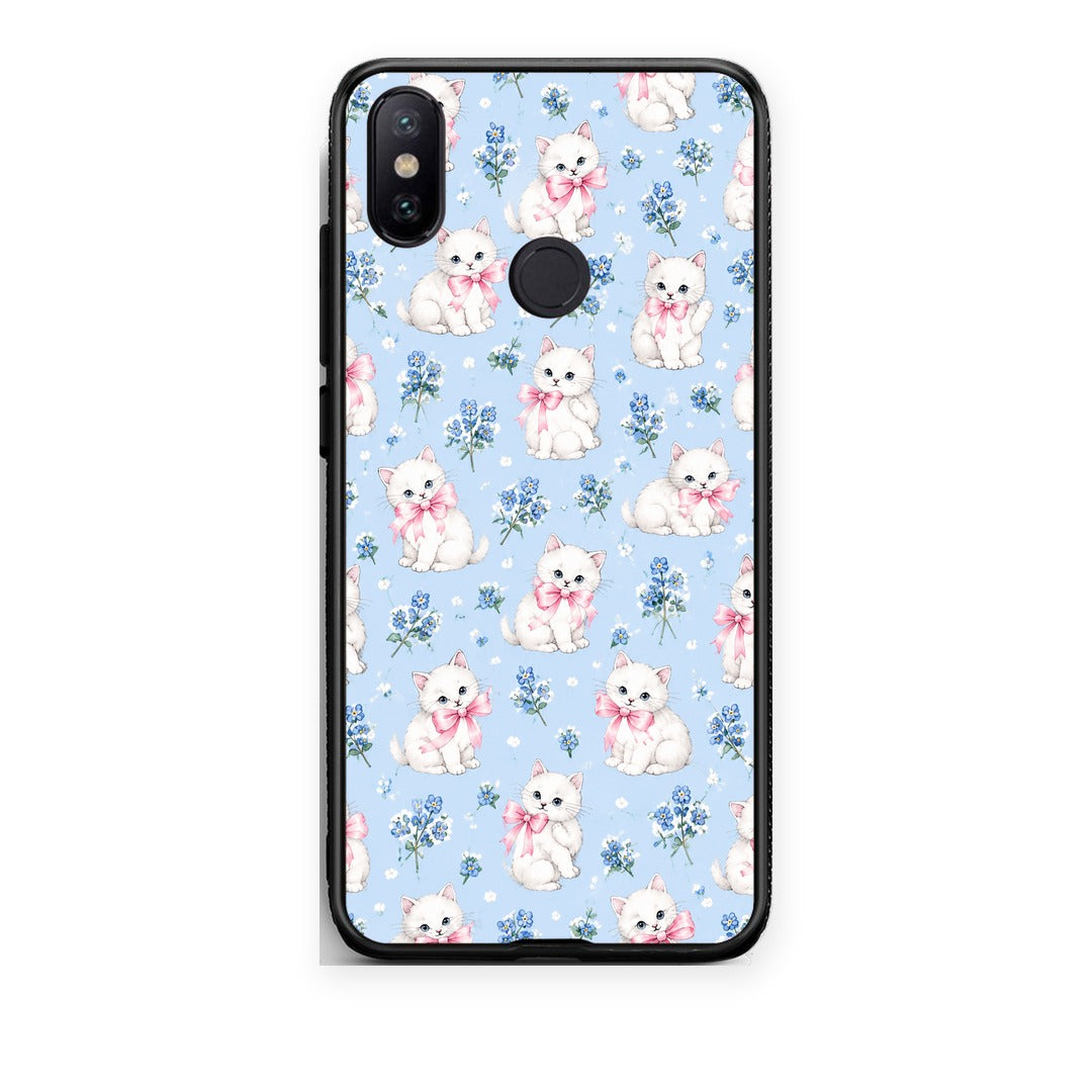 Θήκη Xiaomi Mi A2 White Kittens and Blue Flowers Small από τη Smartfits με σχέδιο στο πίσω μέρος και μαύρο περίβλημα | Xiaomi Mi A2 White Kittens and Blue Flowers Small case with colorful back and black bezels