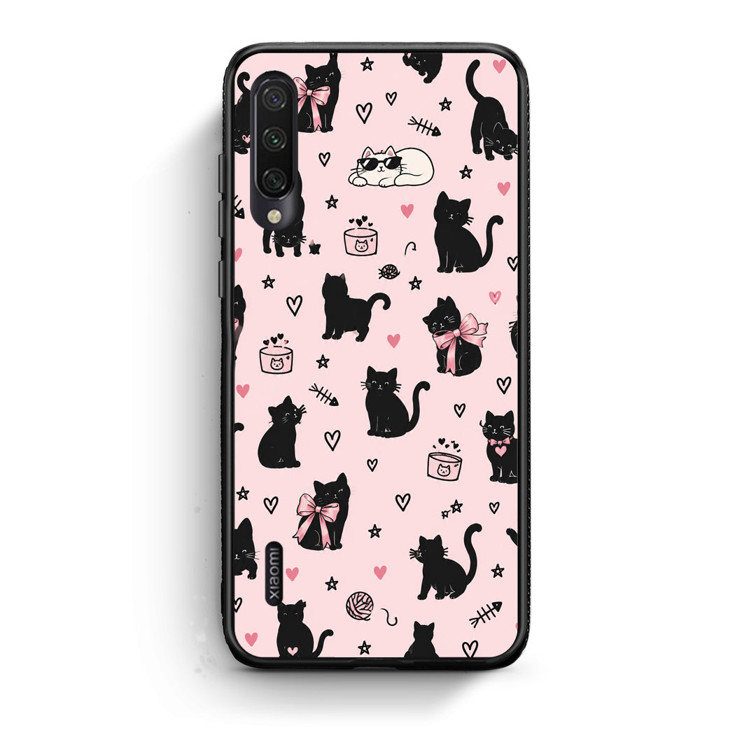 Θήκη Xiaomi Mi A3 Black Cat Doodles on Pink από τη Smartfits με σχέδιο στο πίσω μέρος και μαύρο περίβλημα | Xiaomi Mi A3 Black Cat Doodles on Pink case with colorful back and black bezels
