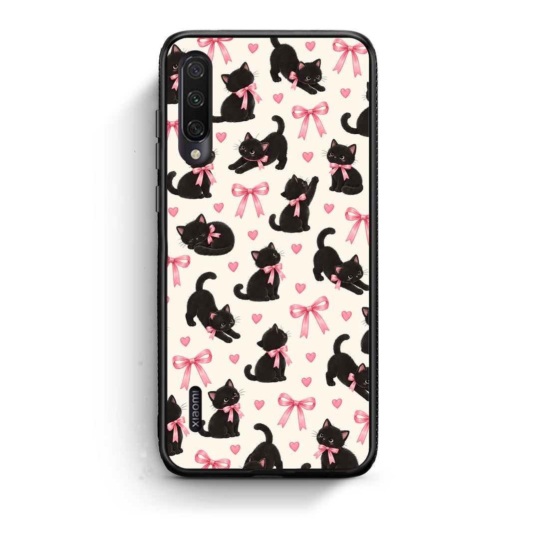 Θήκη Xiaomi Mi A3 Black Kittens and Pink Bows on Cream Small από τη Smartfits με σχέδιο στο πίσω μέρος και μαύρο περίβλημα | Xiaomi Mi A3 Black Kittens and Pink Bows on Cream Small case with colorful back and black bezels
