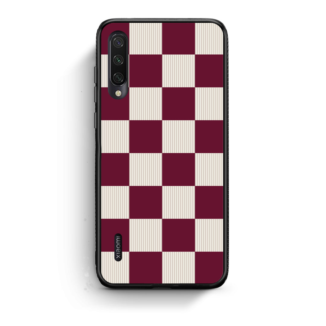 Θήκη Xiaomi Mi A3 Burgundy and Cream Striped Checks από τη Smartfits με σχέδιο στο πίσω μέρος και μαύρο περίβλημα | Xiaomi Mi A3 Burgundy and Cream Striped Checks case with colorful back and black bezels