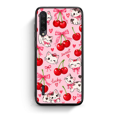 Θήκη Xiaomi Mi A3 Cherries Bows and Kittens on Pink από τη Smartfits με σχέδιο στο πίσω μέρος και μαύρο περίβλημα | Xiaomi Mi A3 Cherries Bows and Kittens on Pink case with colorful back and black bezels