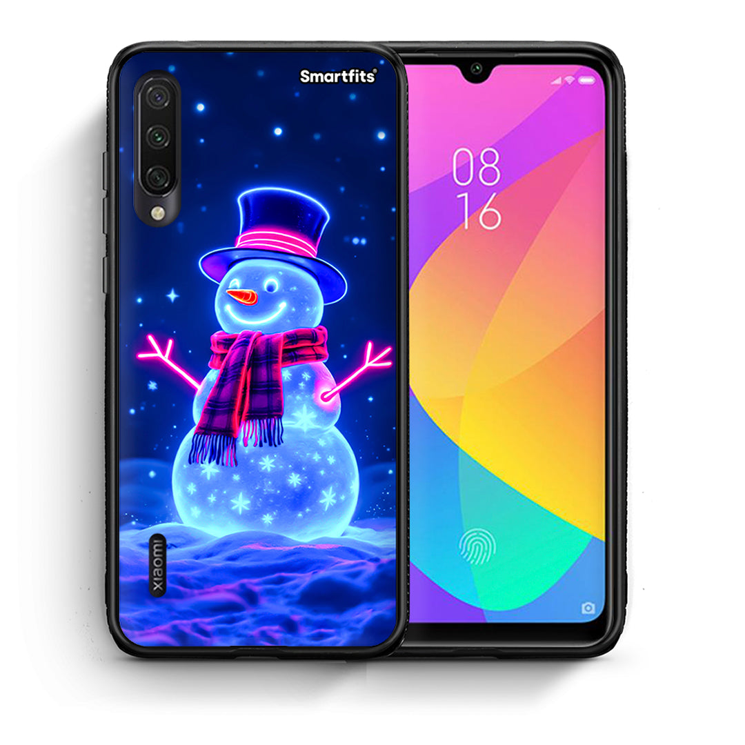 Θήκη Xiaomi Mi A3 Christmas Neon Snowman από τη Smartfits με σχέδιο στο πίσω μέρος και μαύρο περίβλημα | Xiaomi Mi A3 Christmas Neon Snowman case with colorful back and black bezels