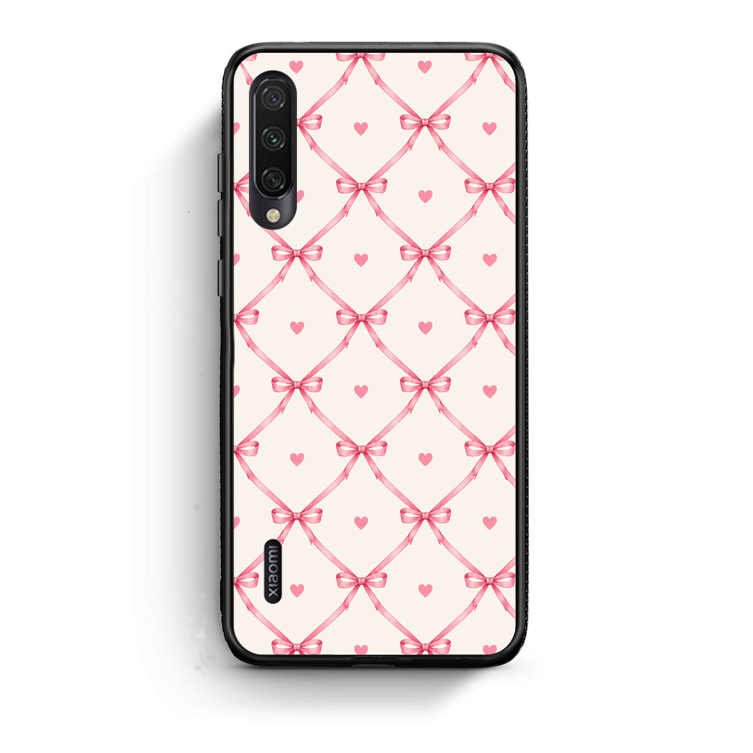 Θήκη Xiaomi Mi A3 Pink Bow Lattice and Hearts on Cream από τη Smartfits με σχέδιο στο πίσω μέρος και μαύρο περίβλημα | Xiaomi Mi A3 Pink Bow Lattice and Hearts on Cream case with colorful back and black bezels