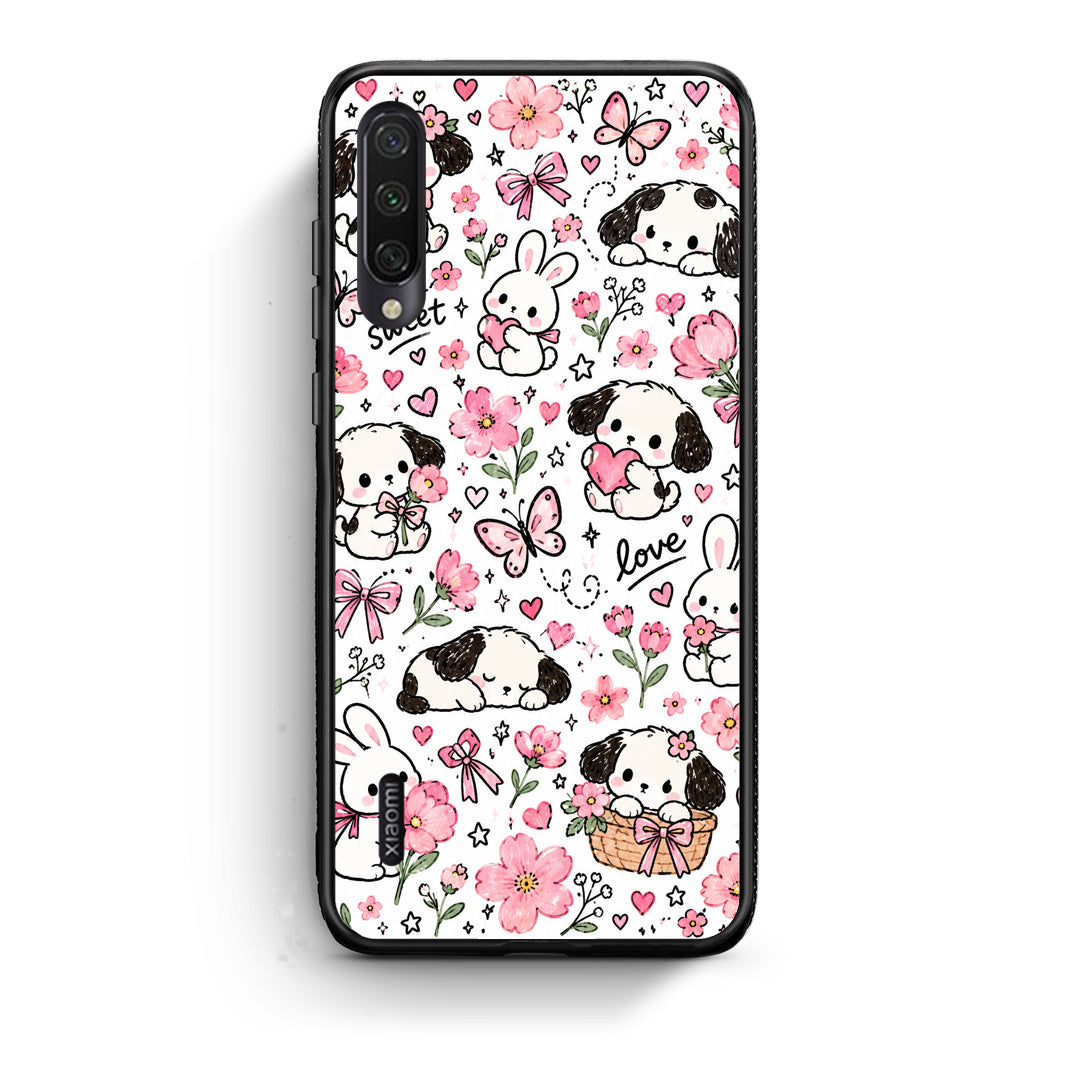 Θήκη Xiaomi Mi A3 Pink Florals Puppies and Bunnies on White από τη Smartfits με σχέδιο στο πίσω μέρος και μαύρο περίβλημα | Xiaomi Mi A3 Pink Florals Puppies and Bunnies on White case with colorful back and black bezels
