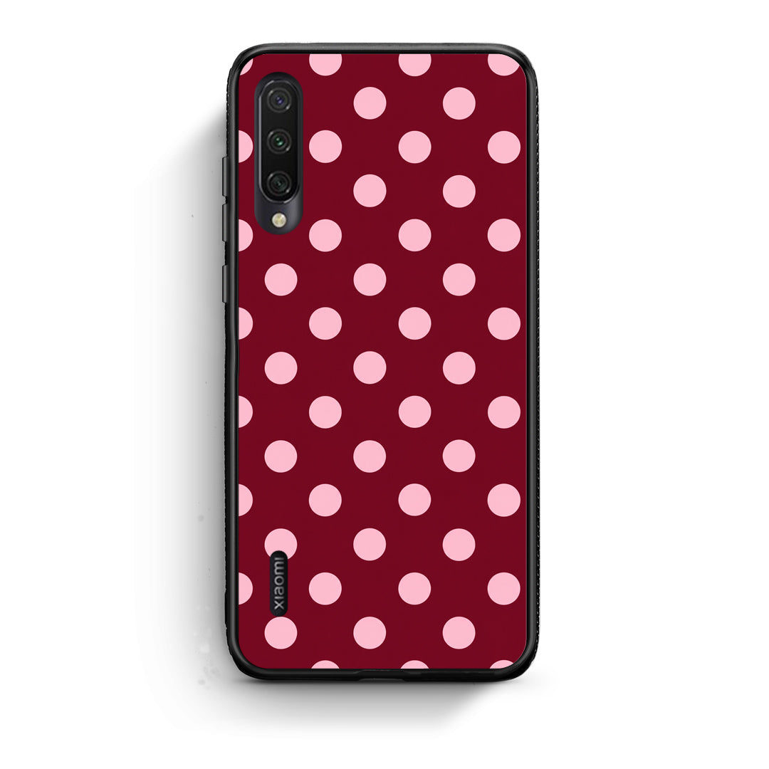 Θήκη Xiaomi Mi A3 Pink Polka Dots on Burgundy από τη Smartfits με σχέδιο στο πίσω μέρος και μαύρο περίβλημα | Xiaomi Mi A3 Pink Polka Dots on Burgundy case with colorful back and black bezels