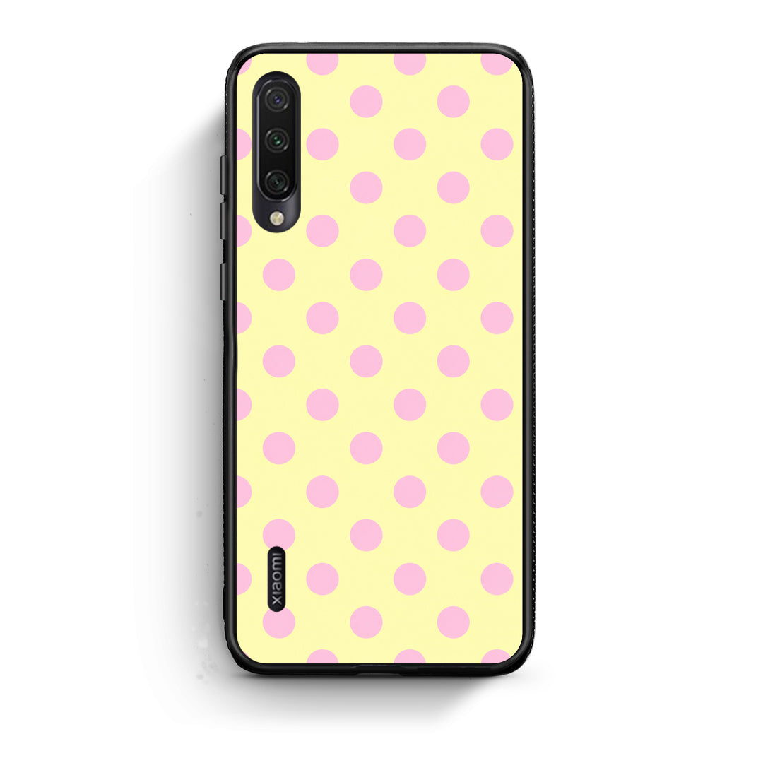 Θήκη Xiaomi Mi A3 Pink Polka Dots on Yellow από τη Smartfits με σχέδιο στο πίσω μέρος και μαύρο περίβλημα | Xiaomi Mi A3 Pink Polka Dots on Yellow case with colorful back and black bezels