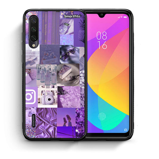 Θήκη Xiaomi Mi A3 Purple Aesthetic Collage από τη Smartfits με σχέδιο στο πίσω μέρος και μαύρο περίβλημα | Xiaomi Mi A3 Purple Aesthetic Collage case with colorful back and black bezels