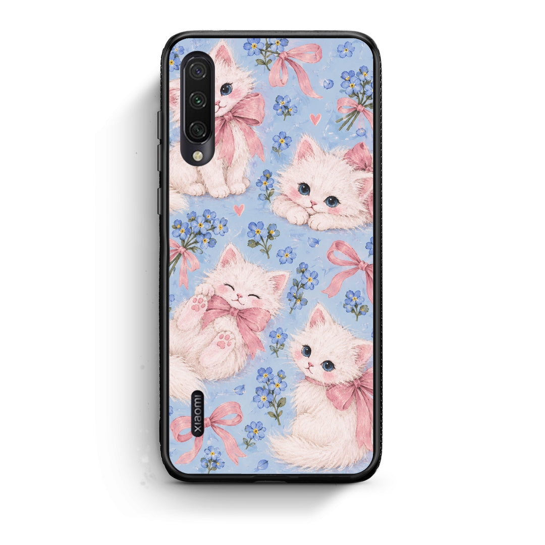 Θήκη Xiaomi Mi A3 White Kittens and Blue Flowers Large από τη Smartfits με σχέδιο στο πίσω μέρος και μαύρο περίβλημα | Xiaomi Mi A3 White Kittens and Blue Flowers Large case with colorful back and black bezels