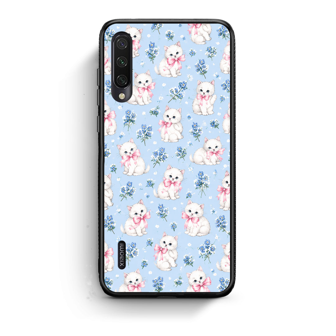 Θήκη Xiaomi Mi A3 White Kittens and Blue Flowers Small από τη Smartfits με σχέδιο στο πίσω μέρος και μαύρο περίβλημα | Xiaomi Mi A3 White Kittens and Blue Flowers Small case with colorful back and black bezels
