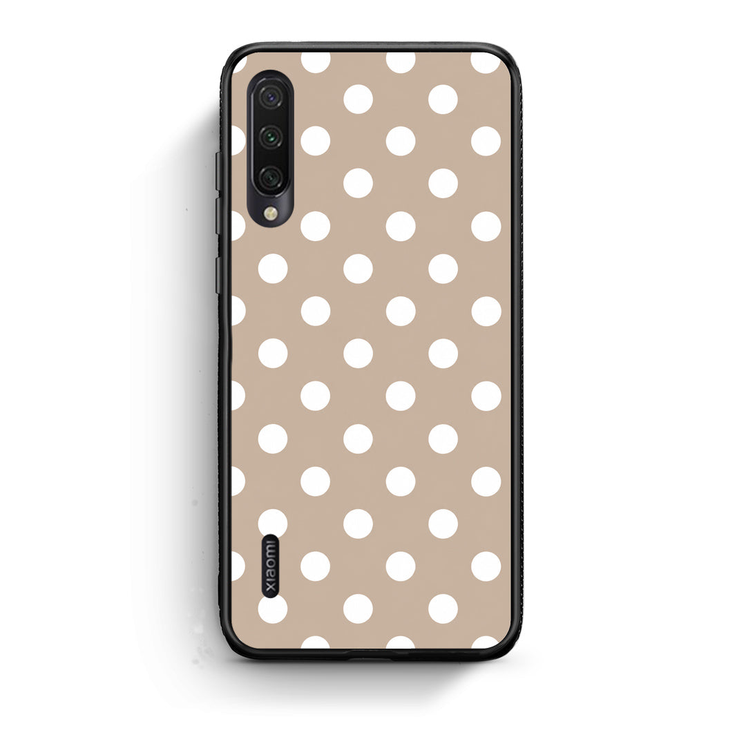 Θήκη Xiaomi Mi A3 White Polka Dots on Taupe από τη Smartfits με σχέδιο στο πίσω μέρος και μαύρο περίβλημα | Xiaomi Mi A3 White Polka Dots on Taupe case with colorful back and black bezels