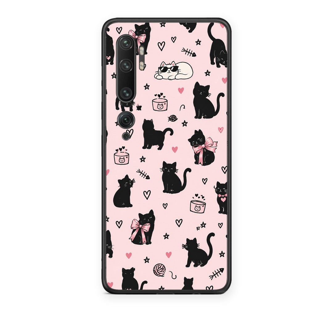 Θήκη Xiaomi Mi Note 10 / 10 Pro Black Cat Doodles on Pink από τη Smartfits με σχέδιο στο πίσω μέρος και μαύρο περίβλημα | Xiaomi Mi Note 10 / 10 Pro Black Cat Doodles on Pink case with colorful back and black bezels