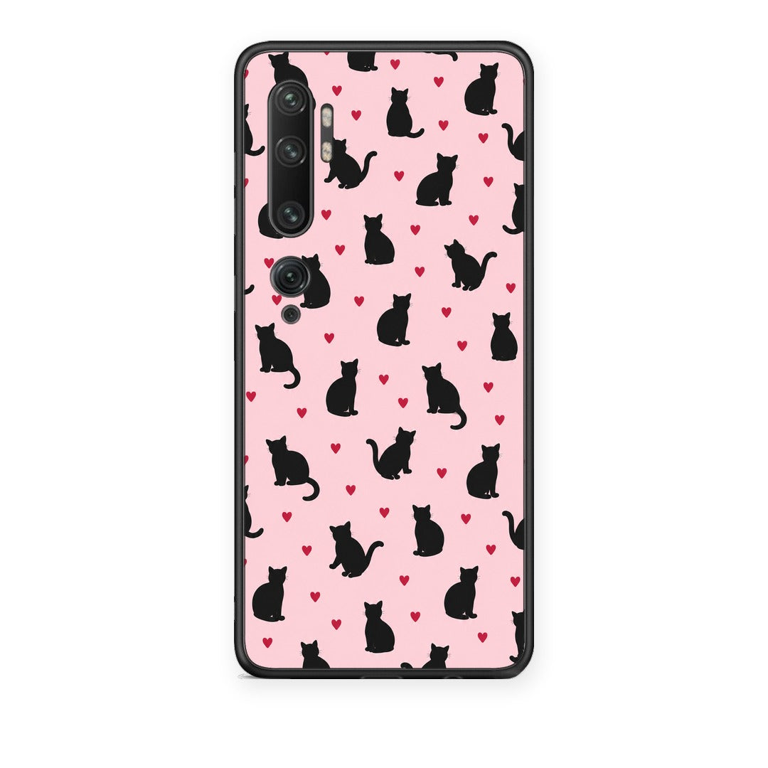 Θήκη Xiaomi Mi Note 10 / 10 Pro Black Cat Silhouettes and Hearts on Pink από τη Smartfits με σχέδιο στο πίσω μέρος και μαύρο περίβλημα | Xiaomi Mi Note 10 / 10 Pro Black Cat Silhouettes and Hearts on Pink case with colorful back and black bezels