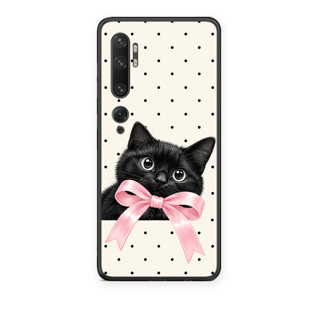 Θήκη Xiaomi Mi Note 10 / 10 Pro Black Kitten Pink Bow and Polka Dots από τη Smartfits με σχέδιο στο πίσω μέρος και μαύρο περίβλημα | Xiaomi Mi Note 10 / 10 Pro Black Kitten Pink Bow and Polka Dots case with colorful back and black bezels
