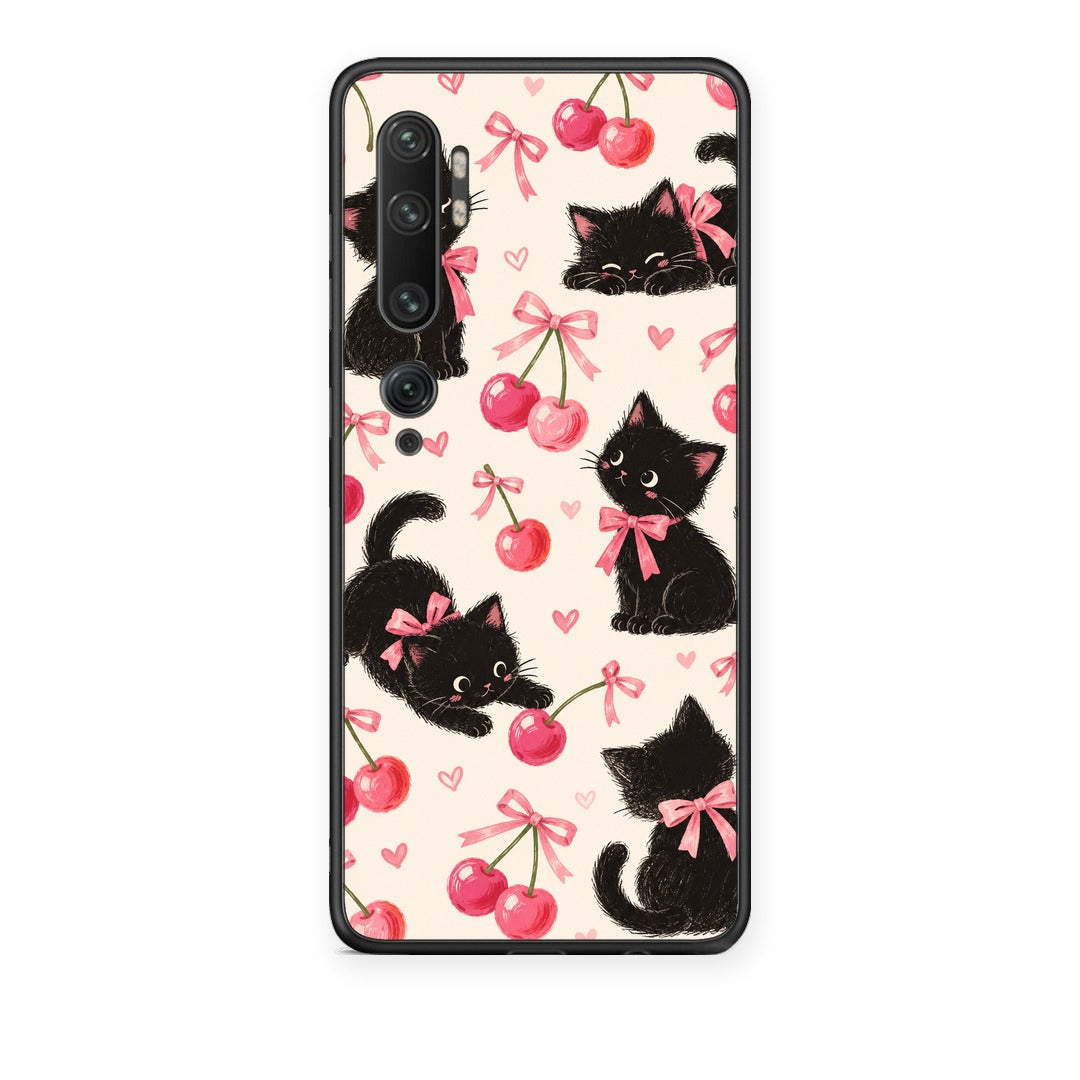 Θήκη Xiaomi Mi Note 10 / 10 Pro Black Kittens and Cherries on Cream από τη Smartfits με σχέδιο στο πίσω μέρος και μαύρο περίβλημα | Xiaomi Mi Note 10 / 10 Pro Black Kittens and Cherries on Cream case with colorful back and black bezels