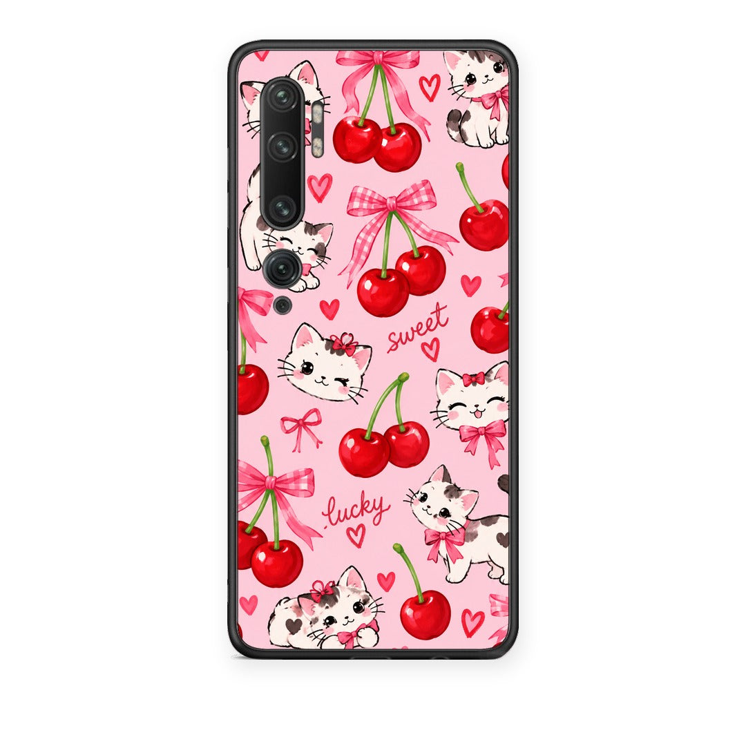 Θήκη Xiaomi Mi Note 10 / 10 Pro Cherries Bows and Kittens on Pink από τη Smartfits με σχέδιο στο πίσω μέρος και μαύρο περίβλημα | Xiaomi Mi Note 10 / 10 Pro Cherries Bows and Kittens on Pink case with colorful back and black bezels