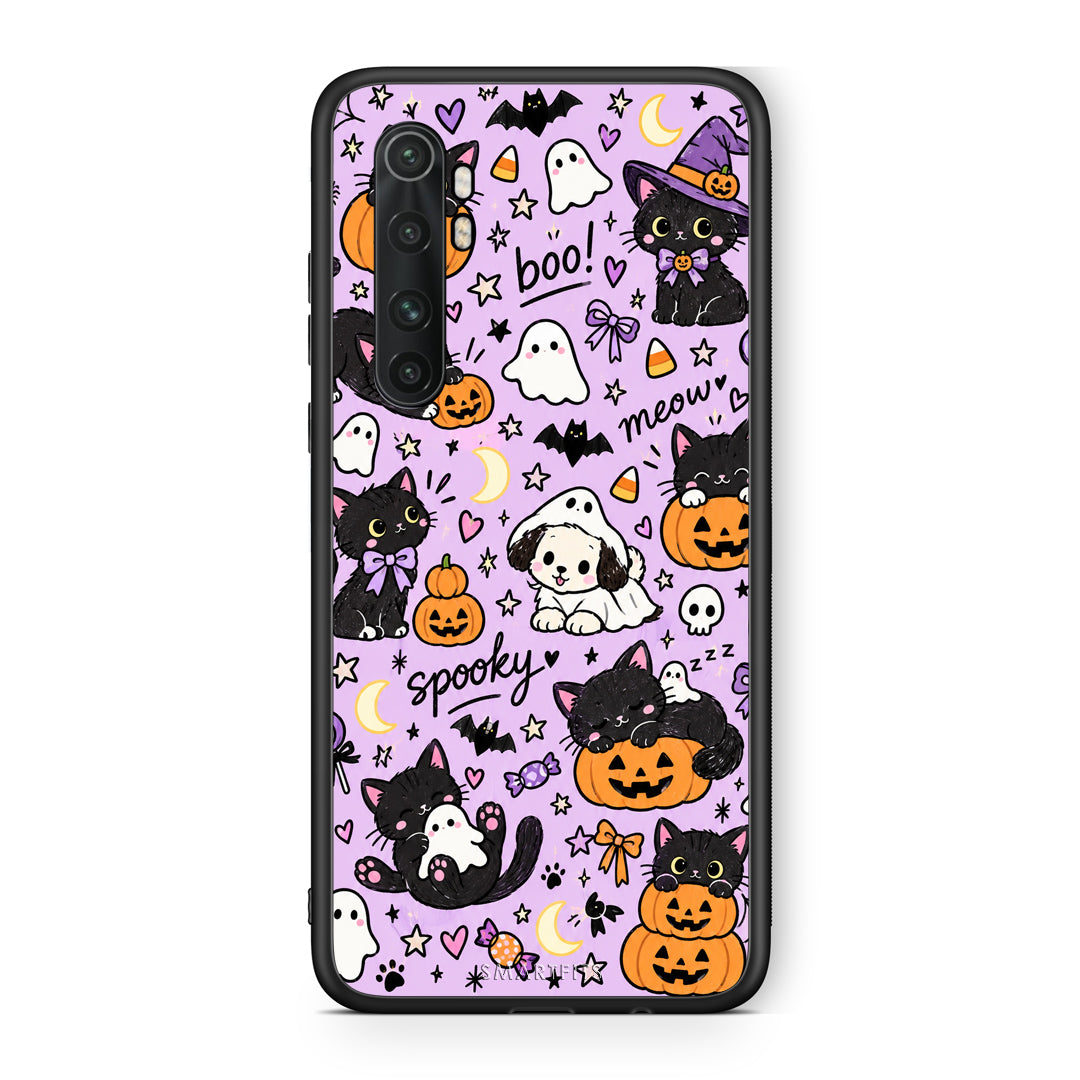 Θήκη Xiaomi Mi Note 10 Lite Halloween Black Cats on Lilac από τη Smartfits με σχέδιο στο πίσω μέρος και μαύρο περίβλημα | Xiaomi Mi Note 10 Lite Halloween Black Cats on Lilac case with colorful back and black bezels