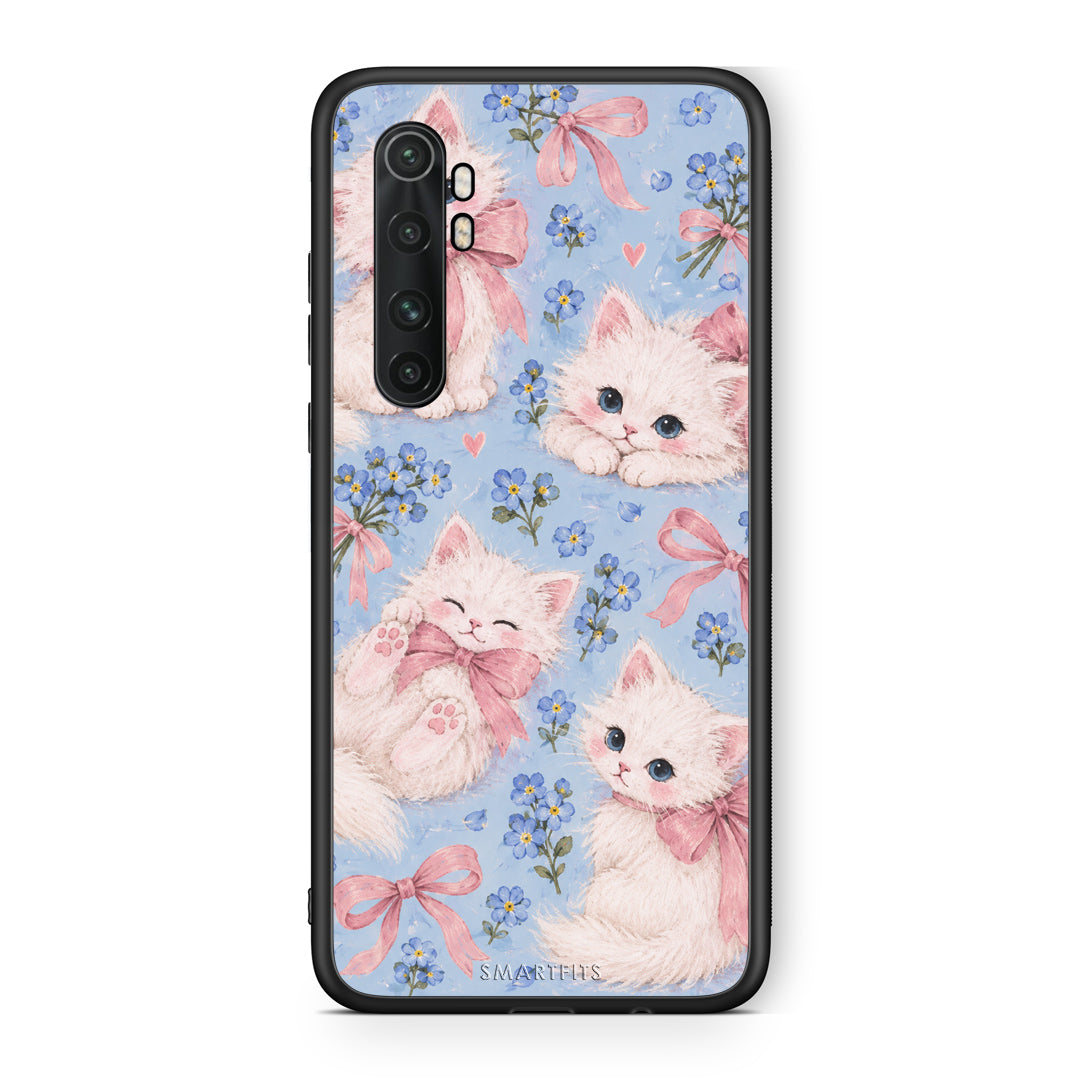 Θήκη Xiaomi Mi Note 10 Lite White Kittens and Blue Flowers Large από τη Smartfits με σχέδιο στο πίσω μέρος και μαύρο περίβλημα | Xiaomi Mi Note 10 Lite White Kittens and Blue Flowers Large case with colorful back and black bezels