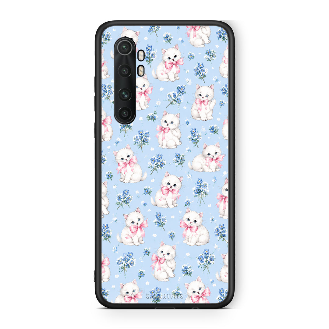 Θήκη Xiaomi Mi Note 10 Lite White Kittens and Blue Flowers Small από τη Smartfits με σχέδιο στο πίσω μέρος και μαύρο περίβλημα | Xiaomi Mi Note 10 Lite White Kittens and Blue Flowers Small case with colorful back and black bezels