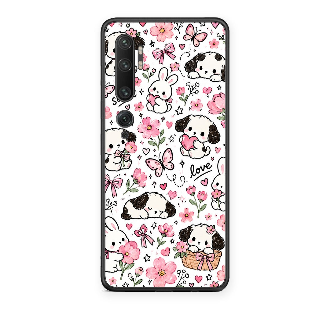 Θήκη Xiaomi Mi Note 10 / 10 Pro Pink Florals Puppies and Bunnies on White από τη Smartfits με σχέδιο στο πίσω μέρος και μαύρο περίβλημα | Xiaomi Mi Note 10 / 10 Pro Pink Florals Puppies and Bunnies on White case with colorful back and black bezels