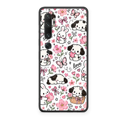 Θήκη Xiaomi Mi Note 10 / 10 Pro Pink Florals Puppies and Bunnies on White από τη Smartfits με σχέδιο στο πίσω μέρος και μαύρο περίβλημα | Xiaomi Mi Note 10 / 10 Pro Pink Florals Puppies and Bunnies on White case with colorful back and black bezels