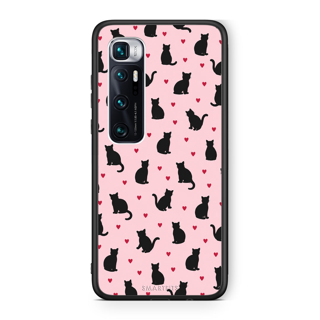 Θήκη Xiaomi Mi 10 Ultra Black Cat Silhouettes and Hearts on Pink από τη Smartfits με σχέδιο στο πίσω μέρος και μαύρο περίβλημα | Xiaomi Mi 10 Ultra Black Cat Silhouettes and Hearts on Pink case with colorful back and black bezels