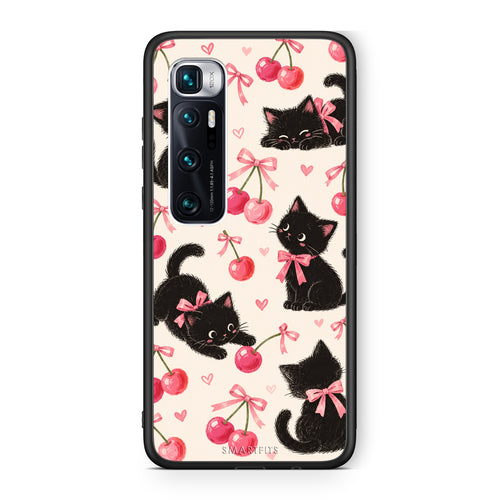 Θήκη Xiaomi Mi 10 Ultra Black Kittens and Cherries on Cream από τη Smartfits με σχέδιο στο πίσω μέρος και μαύρο περίβλημα | Xiaomi Mi 10 Ultra Black Kittens and Cherries on Cream case with colorful back and black bezels