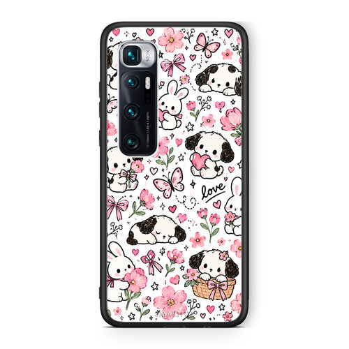 Θήκη Xiaomi Mi 10 Ultra Pink Florals Puppies and Bunnies on White από τη Smartfits με σχέδιο στο πίσω μέρος και μαύρο περίβλημα | Xiaomi Mi 10 Ultra Pink Florals Puppies and Bunnies on White case with colorful back and black bezels
