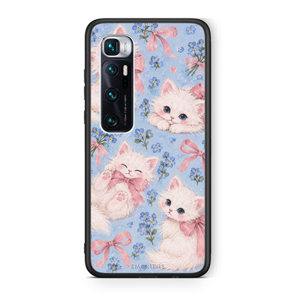 Θήκη Xiaomi Mi 10 Ultra White Kittens and Blue Flowers Large από τη Smartfits με σχέδιο στο πίσω μέρος και μαύρο περίβλημα | Xiaomi Mi 10 Ultra White Kittens and Blue Flowers Large case with colorful back and black bezels