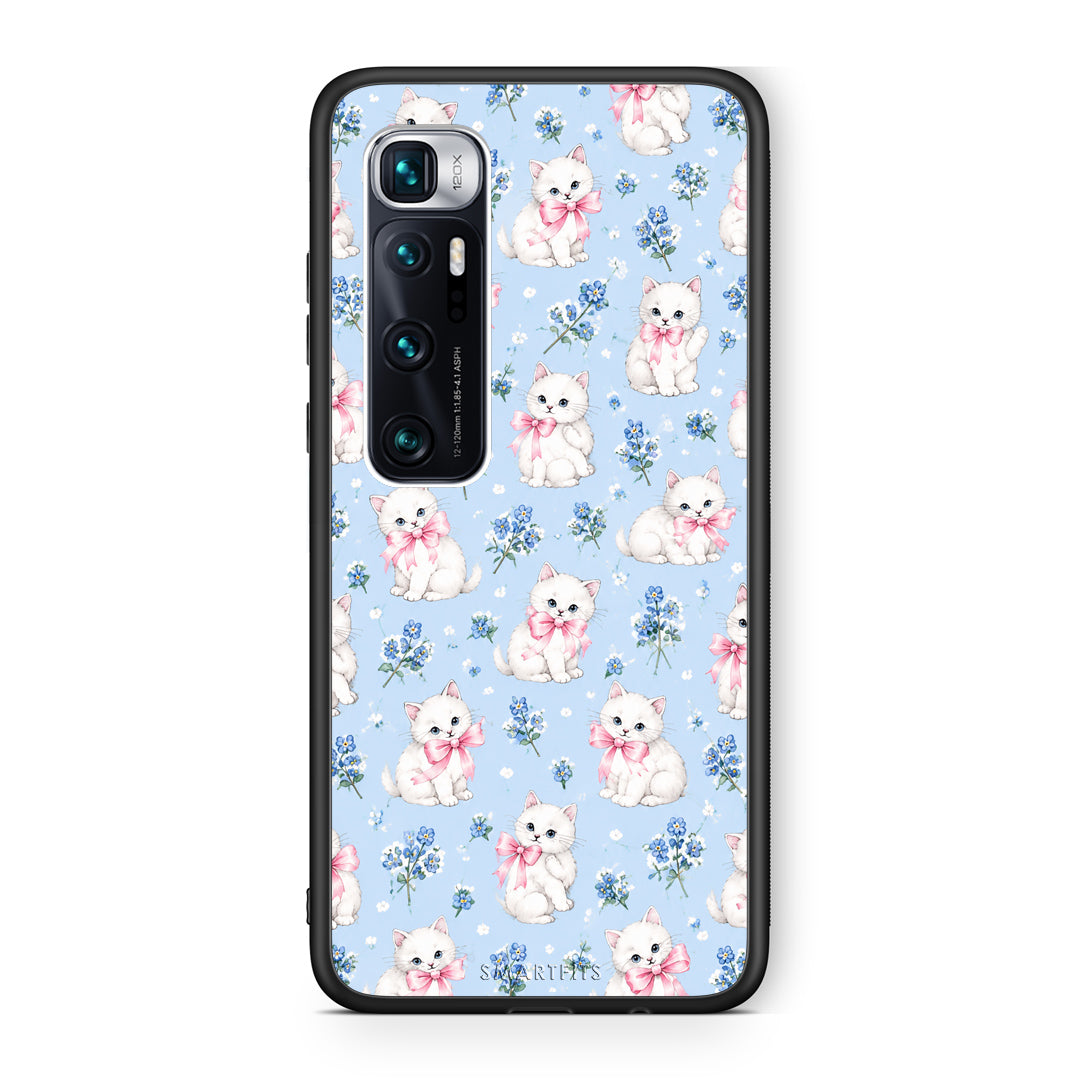 Θήκη Xiaomi Mi 10 Ultra White Kittens and Blue Flowers Small από τη Smartfits με σχέδιο στο πίσω μέρος και μαύρο περίβλημα | Xiaomi Mi 10 Ultra White Kittens and Blue Flowers Small case with colorful back and black bezels