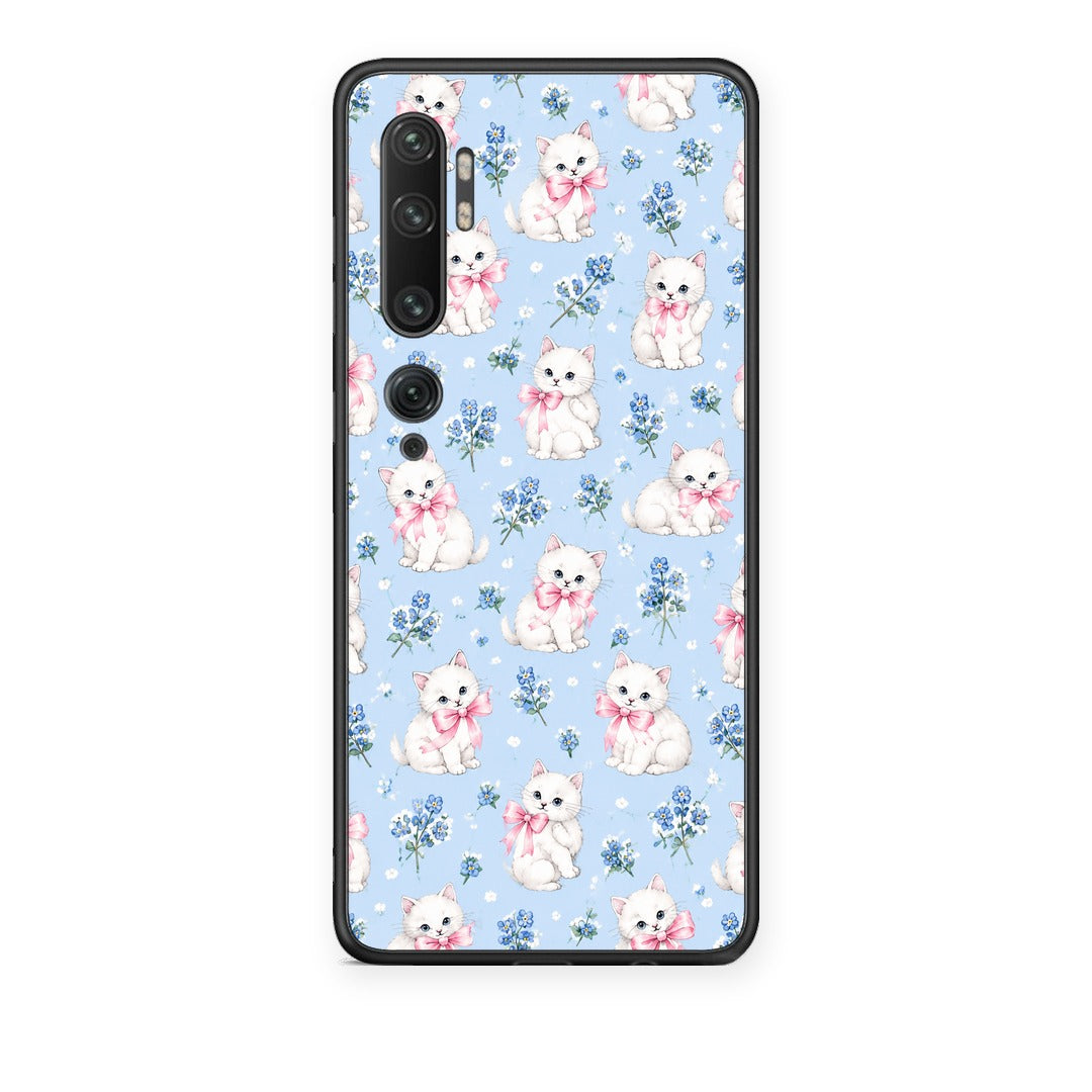 Θήκη Xiaomi Mi Note 10 / 10 Pro White Kittens and Blue Flowers Small από τη Smartfits με σχέδιο στο πίσω μέρος και μαύρο περίβλημα | Xiaomi Mi Note 10 / 10 Pro White Kittens and Blue Flowers Small case with colorful back and black bezels