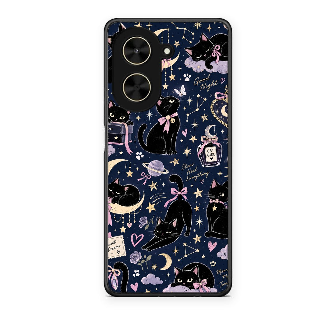 Θήκη Xiaomi Poco C71 Celestial Black Cats on Navy από τη Smartfits με σχέδιο στο πίσω μέρος και μαύρο περίβλημα | Xiaomi Poco C71 Celestial Black Cats on Navy case with colorful back and black bezels