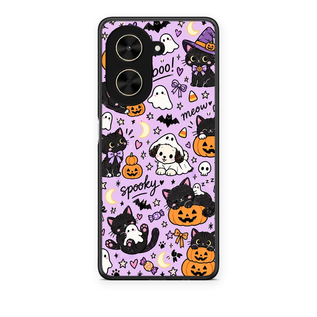 Θήκη Xiaomi Poco C71 Halloween Black Cats on Lilac από τη Smartfits με σχέδιο στο πίσω μέρος και μαύρο περίβλημα | Xiaomi Poco C71 Halloween Black Cats on Lilac case with colorful back and black bezels