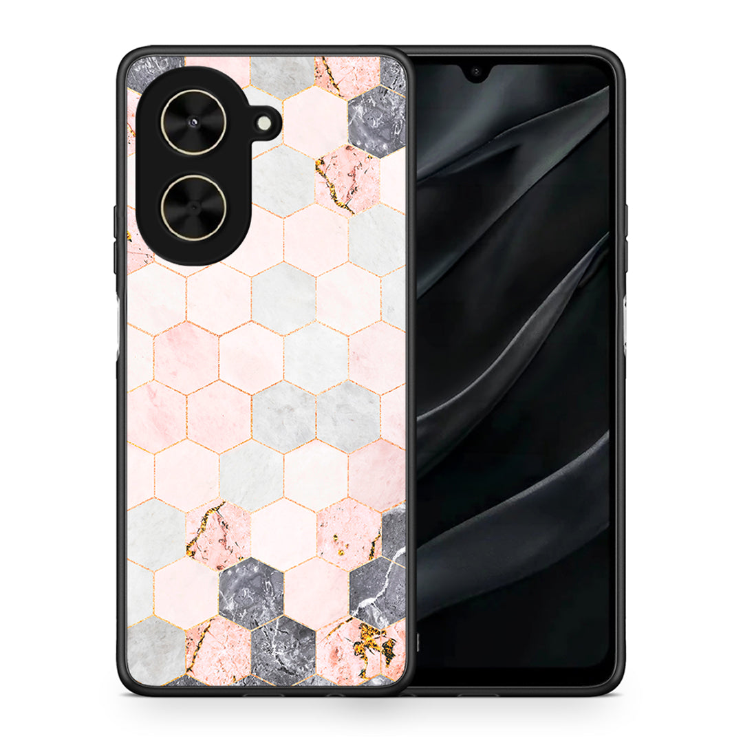 Θήκη Xiaomi Poco C71 Hexagon Pink Marble από τη Smartfits με σχέδιο στο πίσω μέρος και μαύρο περίβλημα | Xiaomi Poco C71 Hexagon Pink Marble case with colorful back and black bezels