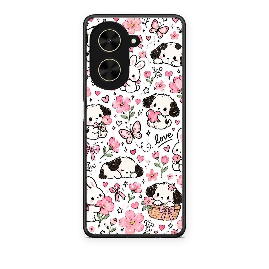 Θήκη Xiaomi Poco C71 Pink Florals Puppies and Bunnies on White από τη Smartfits με σχέδιο στο πίσω μέρος και μαύρο περίβλημα | Xiaomi Poco C71 Pink Florals Puppies and Bunnies on White case with colorful back and black bezels