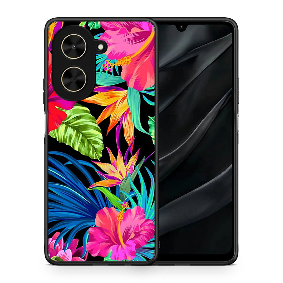 Θήκη Xiaomi Poco C71 Tropical Flowers από τη Smartfits με σχέδιο στο πίσω μέρος και μαύρο περίβλημα | Xiaomi Poco C71 Tropical Flowers case with colorful back and black bezels