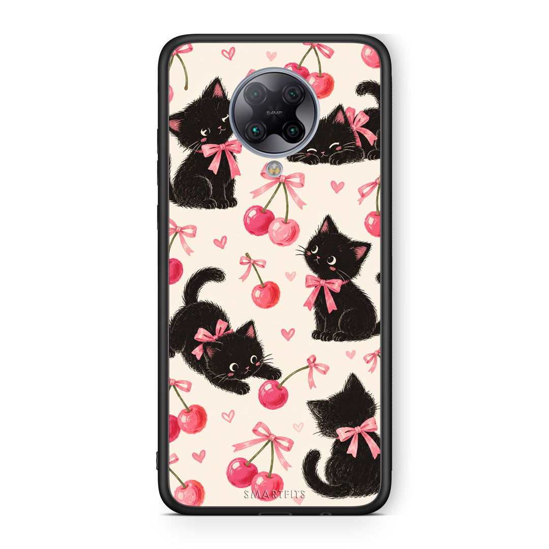Θήκη Xiaomi Poco F2 Pro Black Kittens and Cherries on Cream από τη Smartfits με σχέδιο στο πίσω μέρος και μαύρο περίβλημα | Xiaomi Poco F2 Pro Black Kittens and Cherries on Cream case with colorful back and black bezels