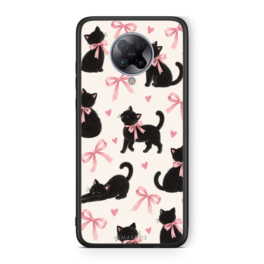 Θήκη Xiaomi Poco F2 Pro Black Kittens and Pink Bows on Cream Large από τη Smartfits με σχέδιο στο πίσω μέρος και μαύρο περίβλημα | Xiaomi Poco F2 Pro Black Kittens and Pink Bows on Cream Large case with colorful back and black bezels