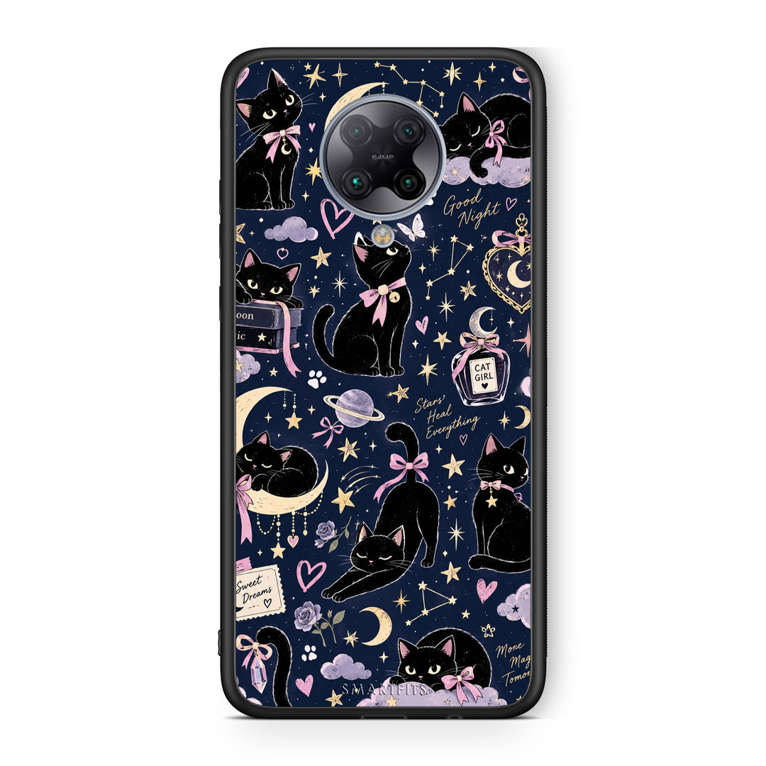 Θήκη Xiaomi Poco F2 Pro Celestial Black Cats on Navy από τη Smartfits με σχέδιο στο πίσω μέρος και μαύρο περίβλημα | Xiaomi Poco F2 Pro Celestial Black Cats on Navy case with colorful back and black bezels